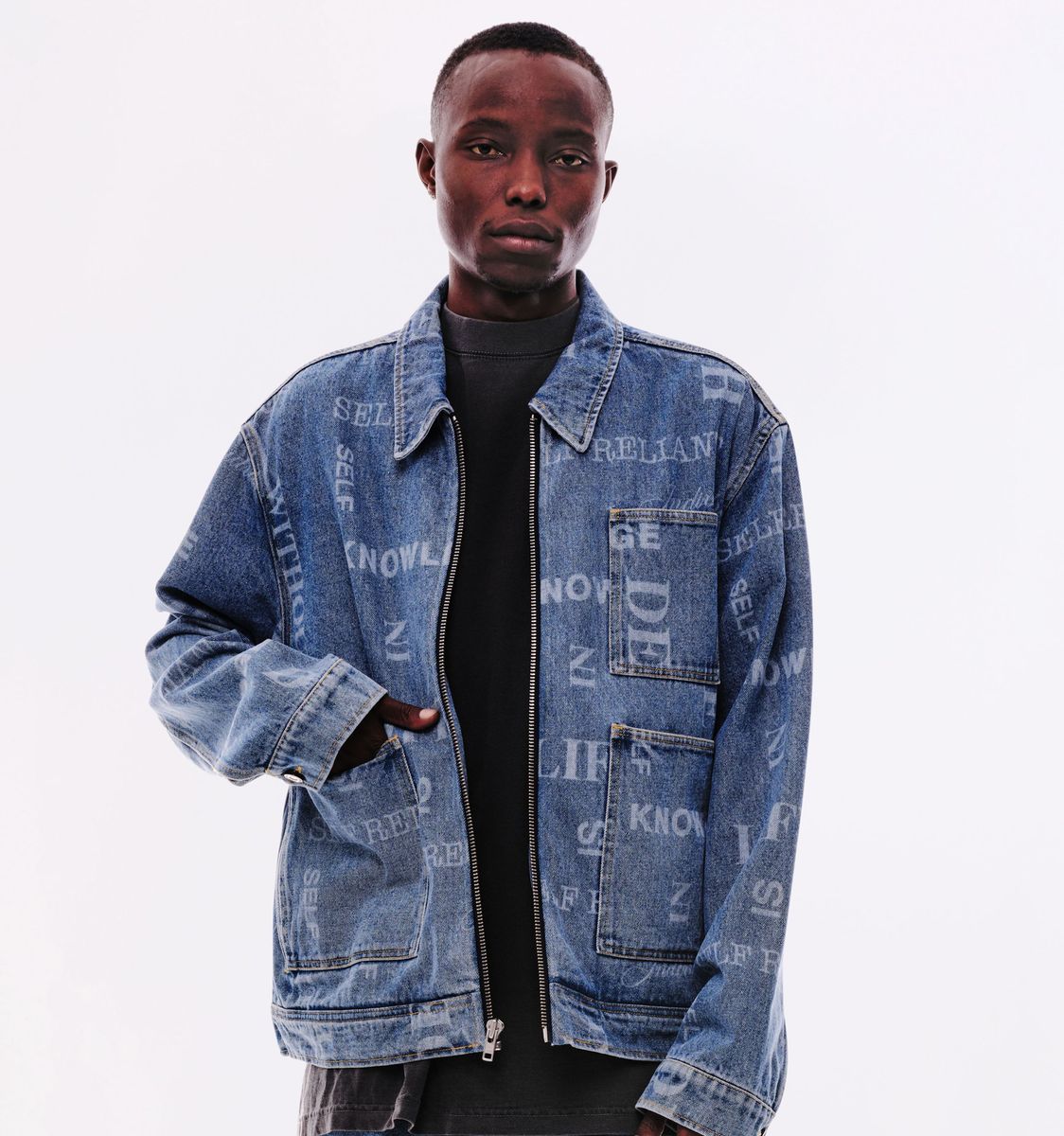 Knowledge Laser Print Chore Jacket - Indigo Denim