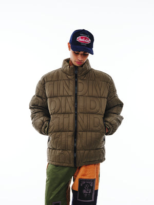 Letter Quilt Puffer Jacket - Olive
