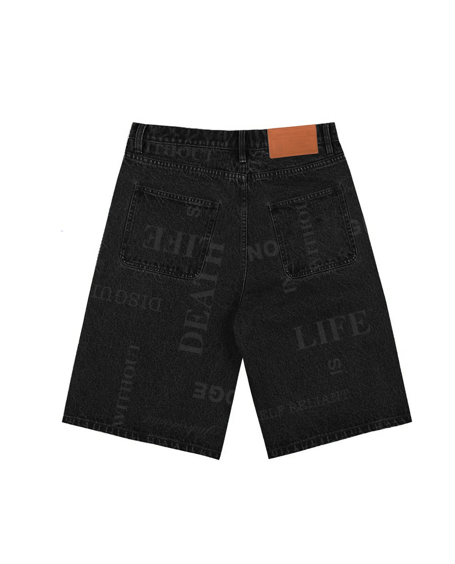 Knowledge Laser Print Big Boy Shorts - Black Denim